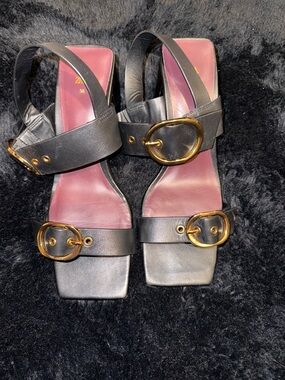 Zara Black Leather Heeled Slingback Sandals with Gold Buckles Sz 38